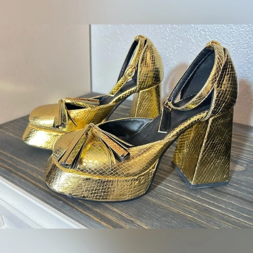 Gold Metallic Snakeskin Platform‎ Heels Tassel Square Toe Chunky Block Heel 5.5